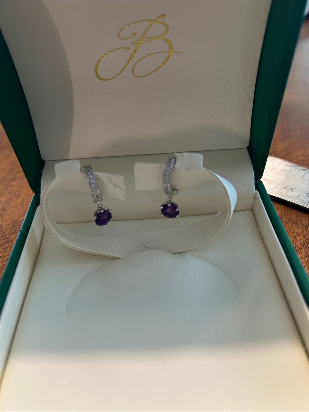 14kt White Gold Amethyst Drop Earrings with diamonds